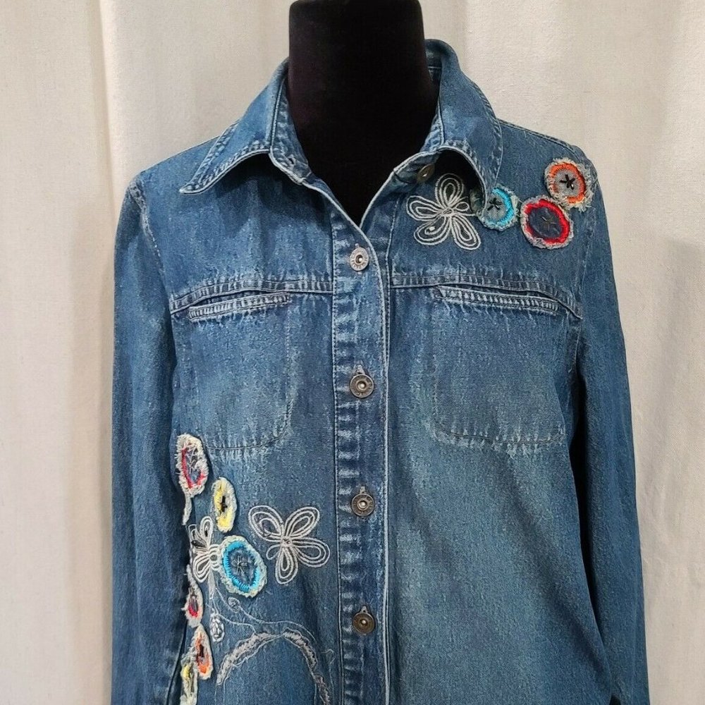 Christopher & Banks Womens Denim Jacket With Embroidery Size Medium